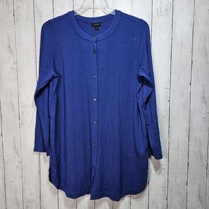 J Jill Wearever Women's Blue Button Front Tunic Top Pocket Knit Shirt Size Large